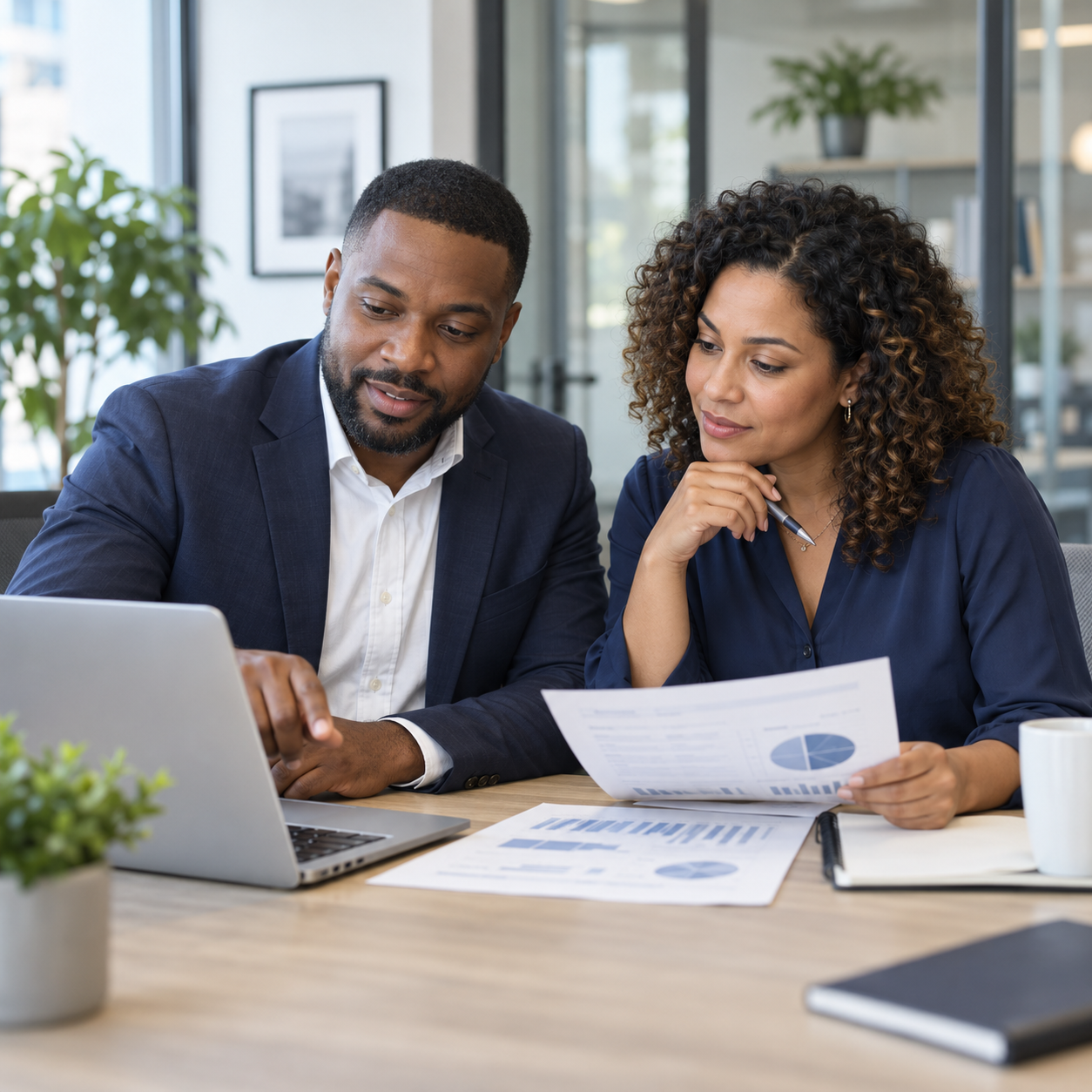 Two professionals reviewing financial reports and a laptop together in a bright office